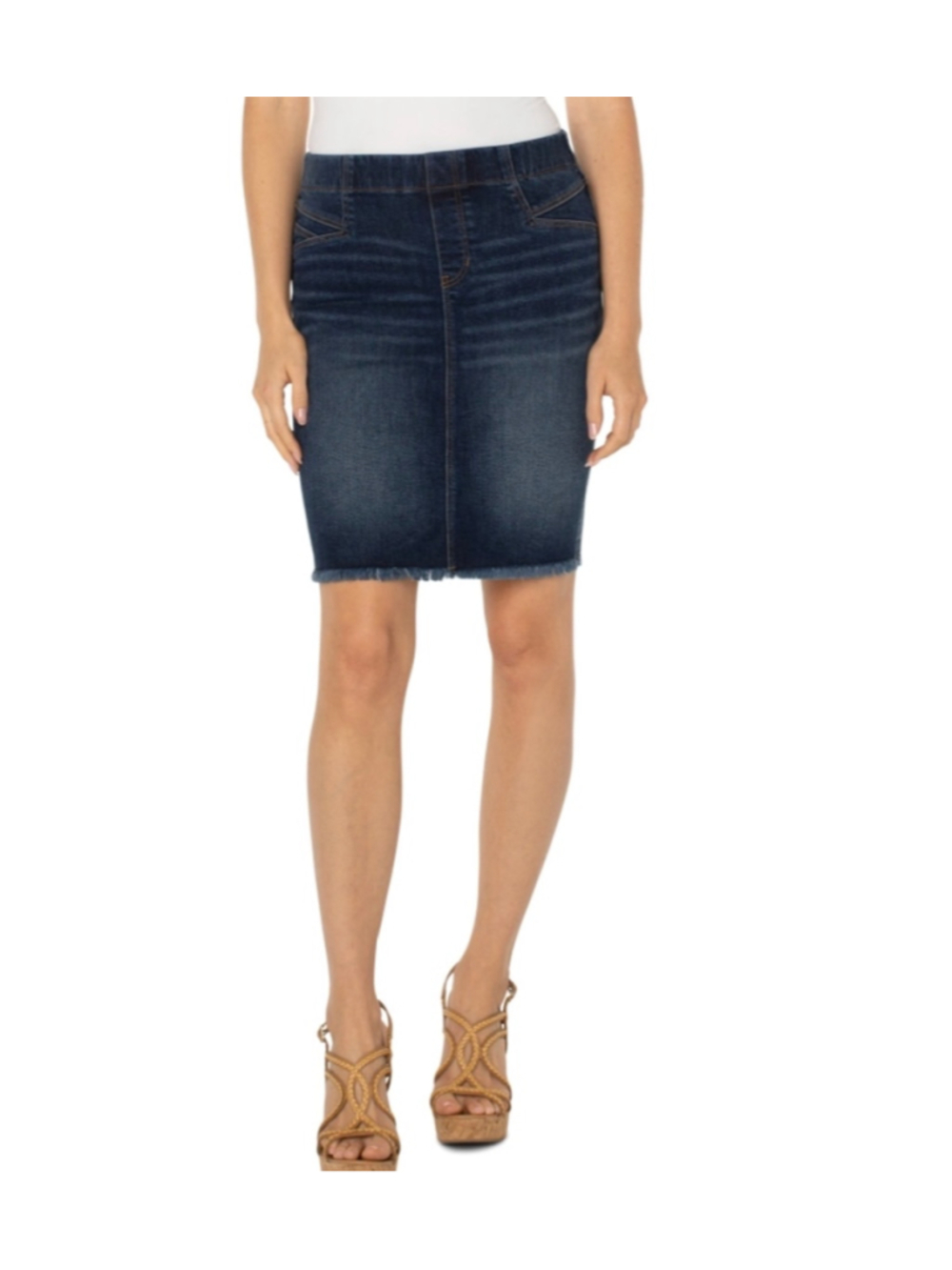 Liverpool Chloe Cat Eye Dark Wash Fringe Denim Pencil Skirt 12 EUC Edgy Western